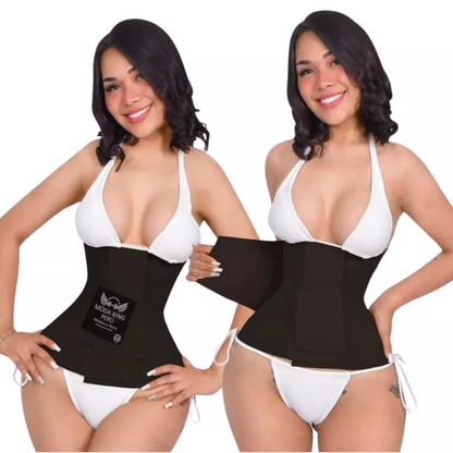 Dos vistas de una mujer usando la faja cinturilla negra Moda King Perú
