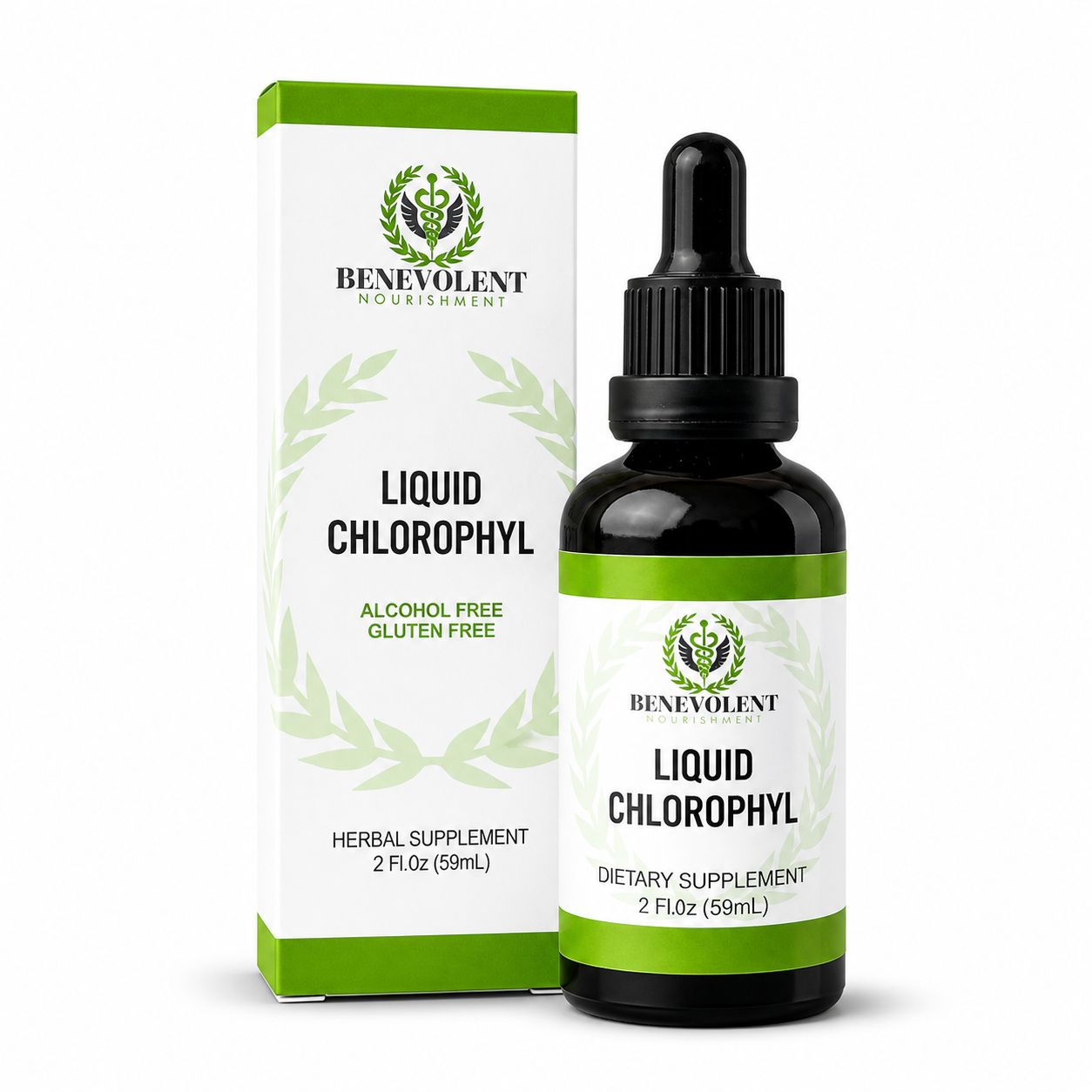 Clorofila líquida Benevolent de 59 mL con caja y frasco gotero
