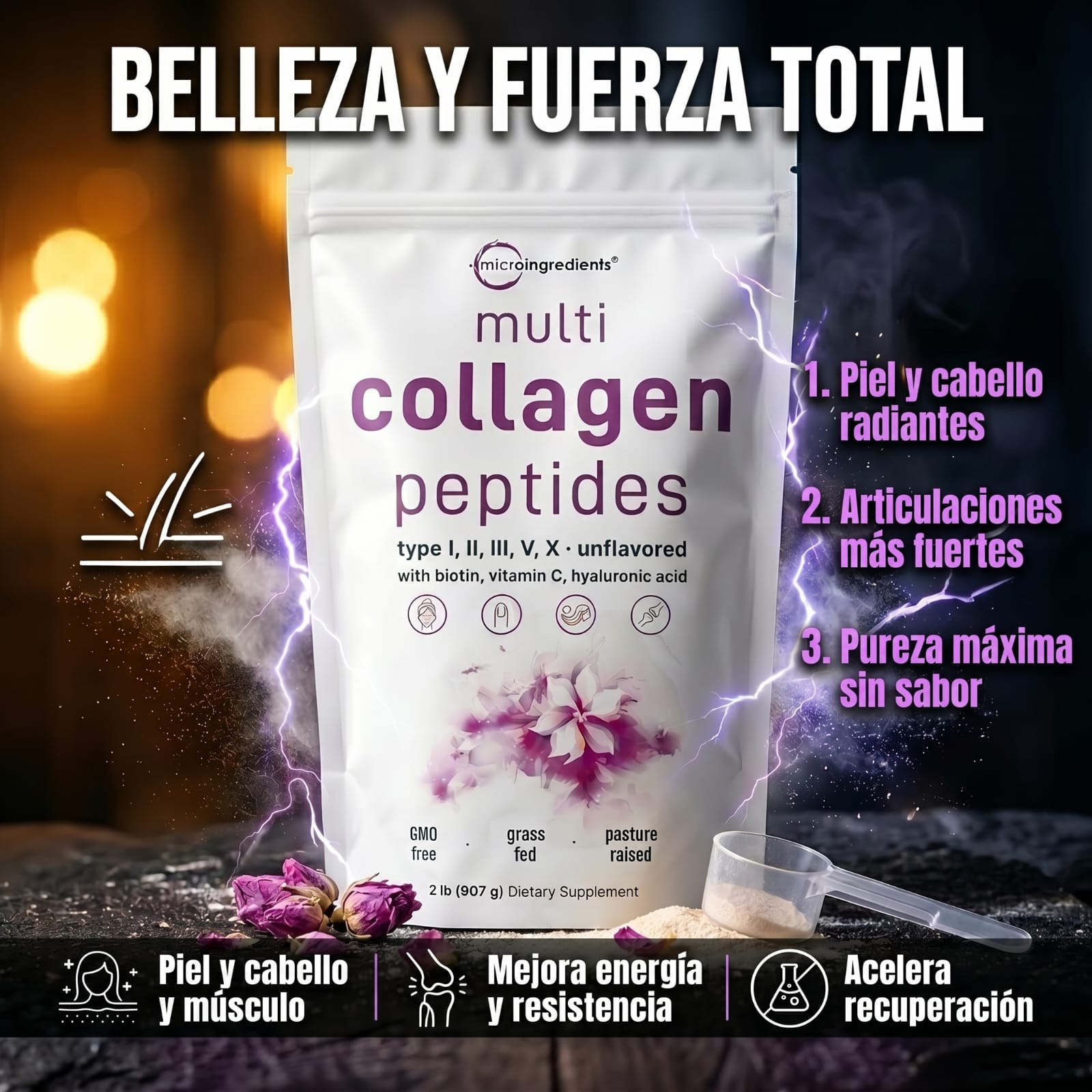 Multi Collagen Peptides de Micro Ingredients, formato comercializado de 450 g