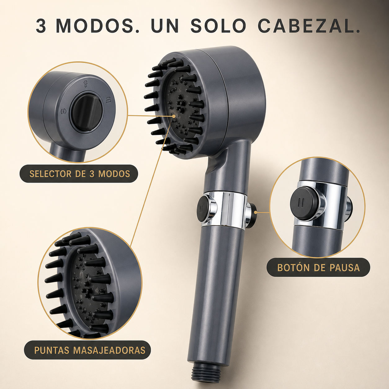 Cabezal de ducha con selector de tres modos, botón de pausa y puntas masajeadoras