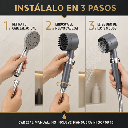 Instalación del cabezal de ducha manual en tres pasos; no incluye manguera ni soporte