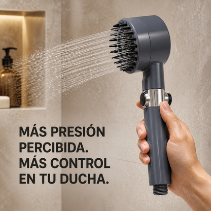 Cabezal de ducha gris con puntas masajeadoras y chorro concentrado