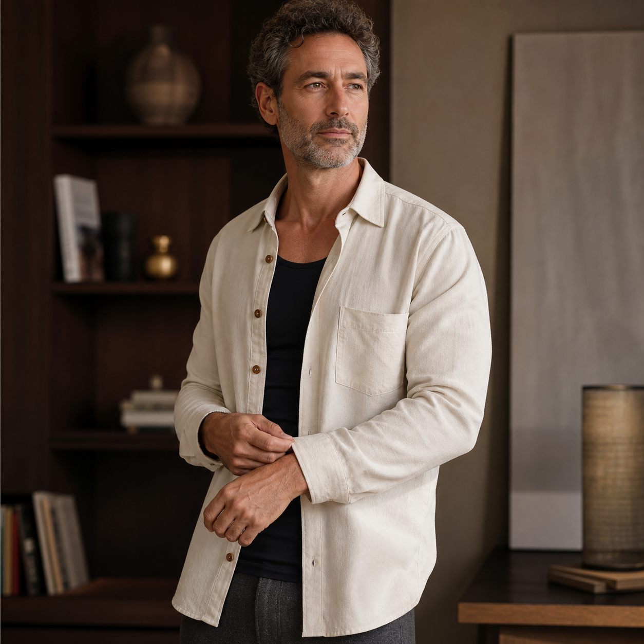 Hombre adulto usando camiseta moldeadora negra como capa base bajo una camisa
