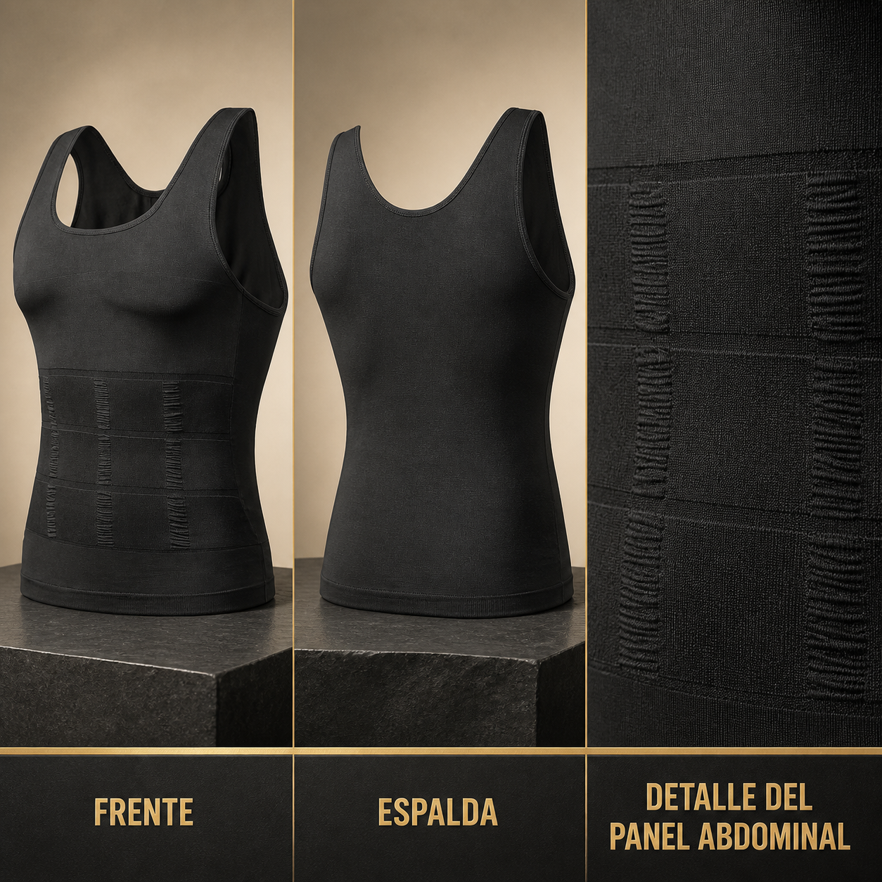 Vista frontal, posterior y detalle del panel abdominal de la camiseta moldeadora