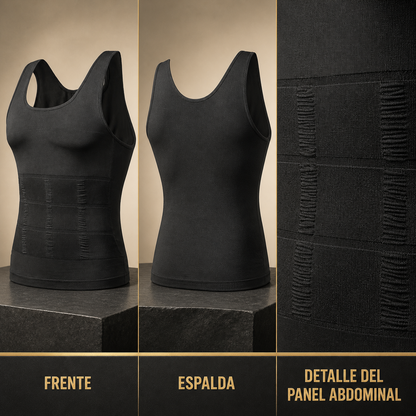 Vista frontal, posterior y detalle del panel abdominal de la camiseta moldeadora