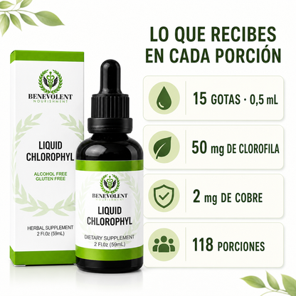 Datos por porción de clorofila Benevolent: 15 gotas, 50 mg de clorofila y 2 mg de cobre