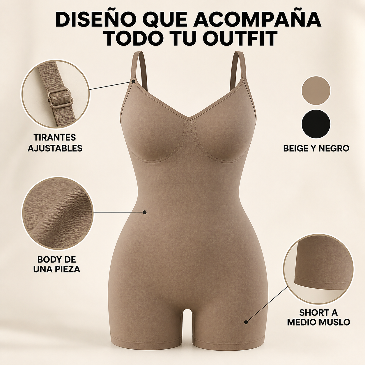 Detalles de la faja body entera: tirantes ajustables, short y colores beige y negro
