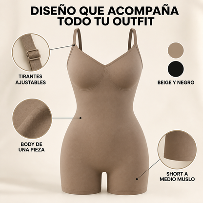 Detalles de la faja body entera: tirantes ajustables, short y colores beige y negro