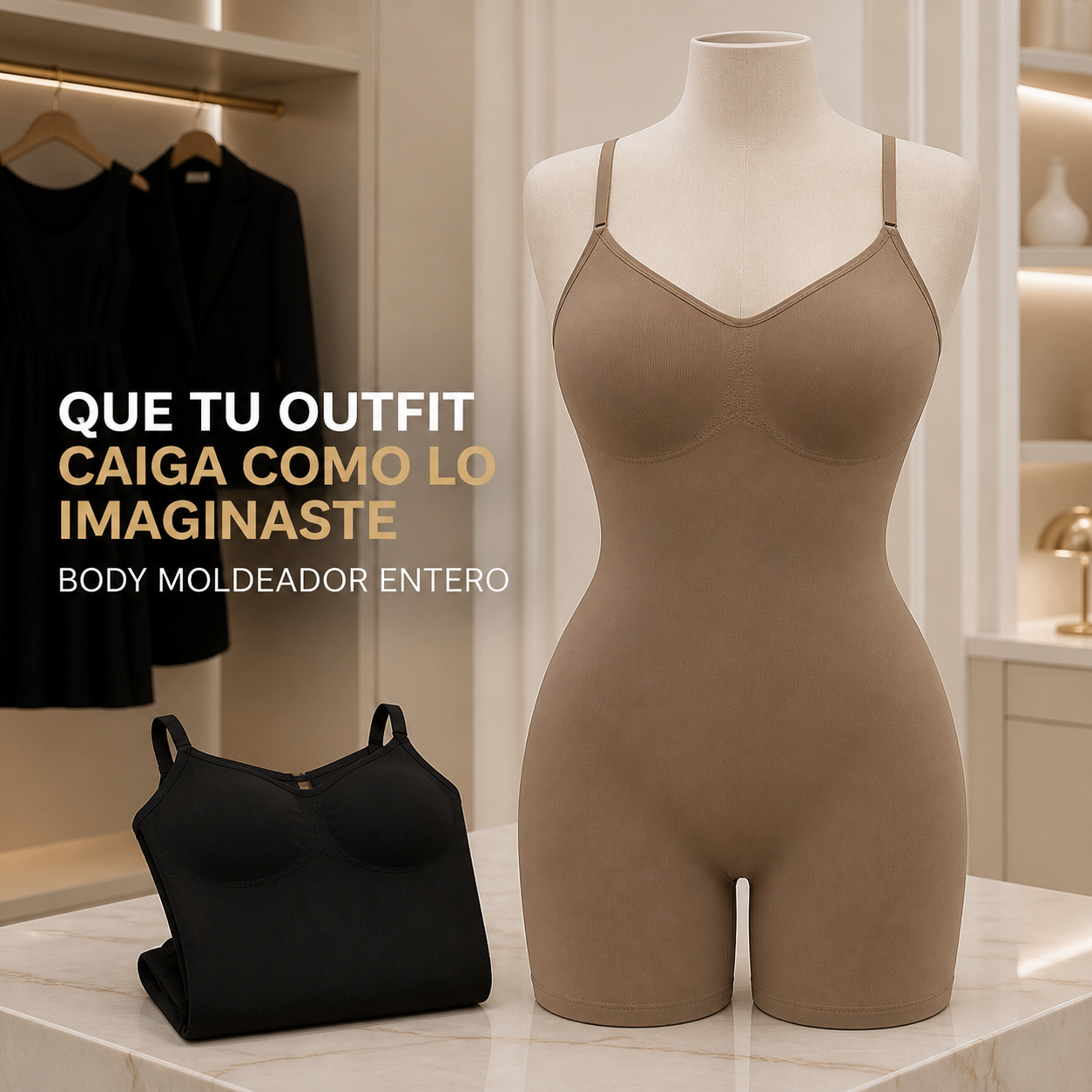 Faja body entera moldeadora beige y negra para usar bajo distintos outfits