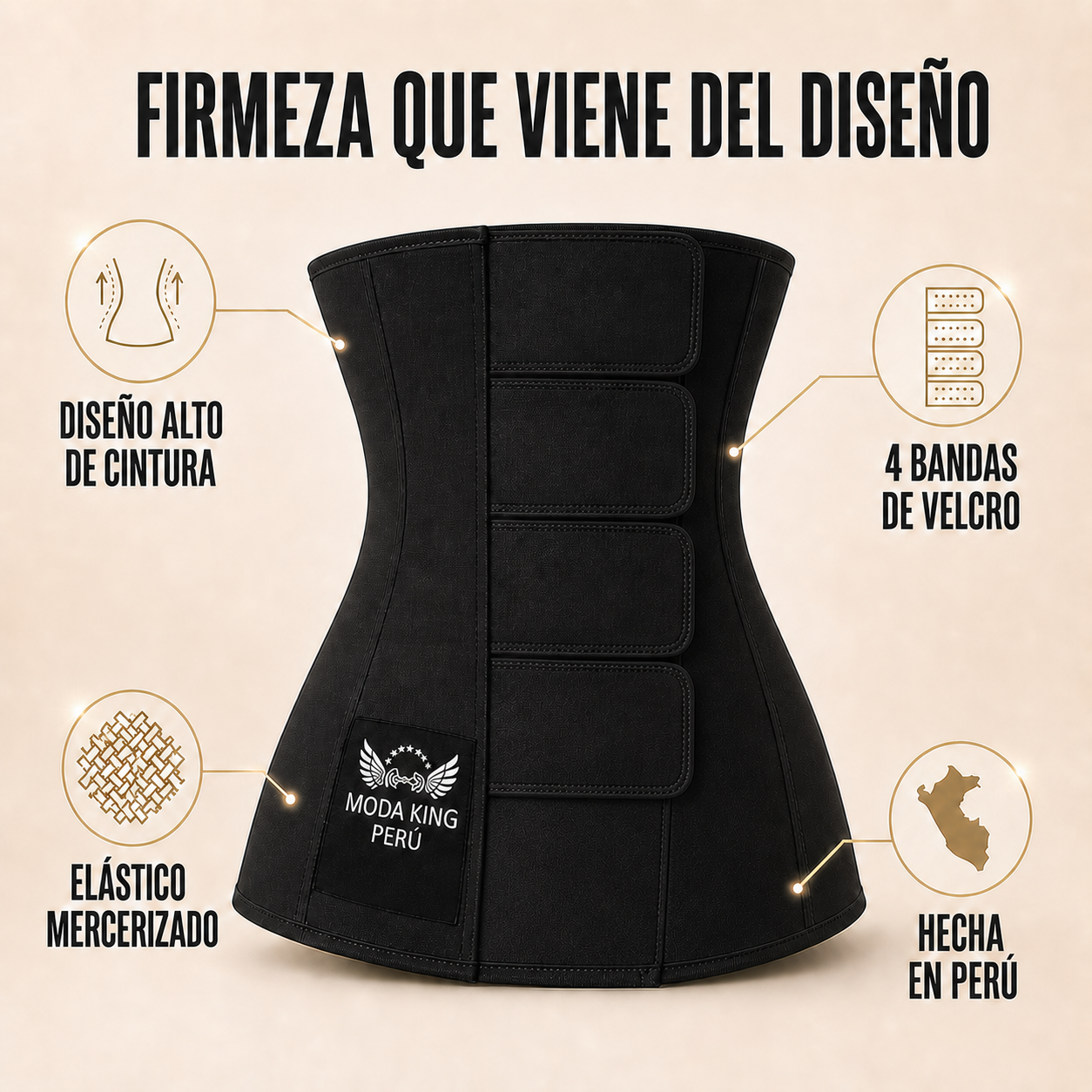 Características de la faja cinturilla: cuatro velcros, elástico mercerizado y tiro alto