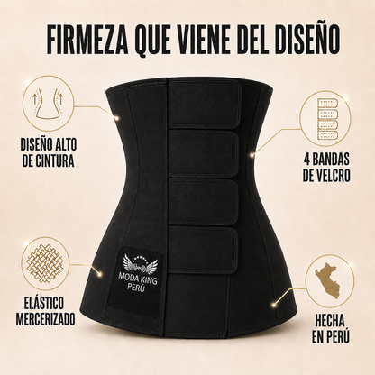 Características de la faja cinturilla: cuatro velcros, elástico mercerizado y tiro alto