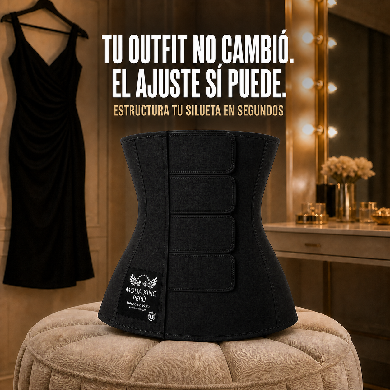 Faja cinturilla negra con cuatro bandas junto a vestido negro para estructurar visualmente el outfit