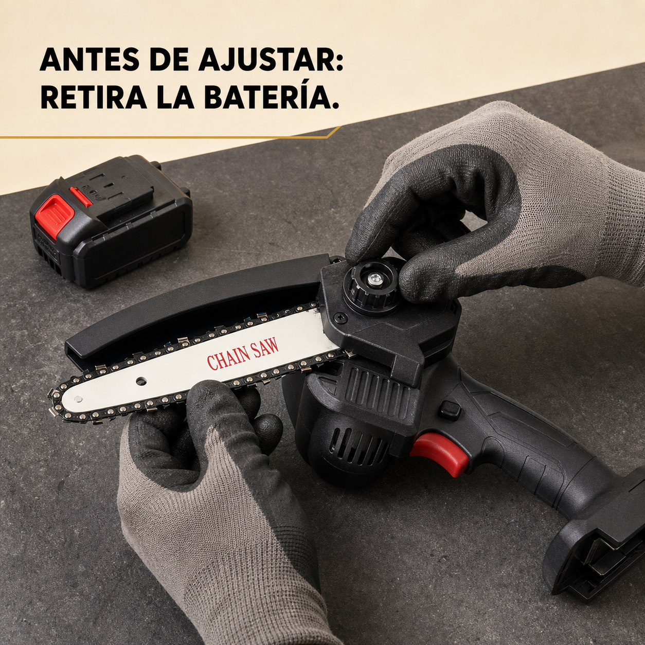 Ajuste de cadena de mini motosierra con la batería retirada