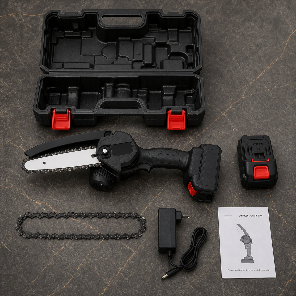 Contenido del kit de mini motosierra con dos baterías, cadena, cargador, manual y maleta