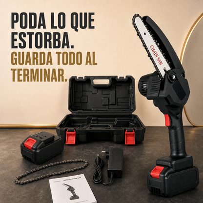 Mini motosierra inalámbrica con dos baterías, cadena adicional, cargador, manual y maleta