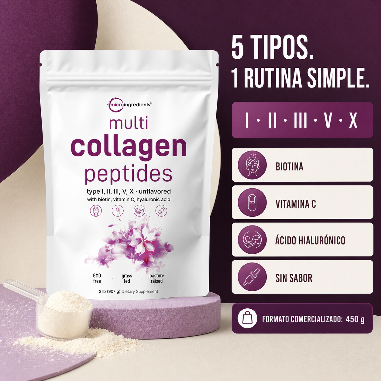 Cinco tipos de colágeno con biotina vitamina C y ácido hialurónico