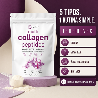 Cinco tipos de colágeno con biotina vitamina C y ácido hialurónico