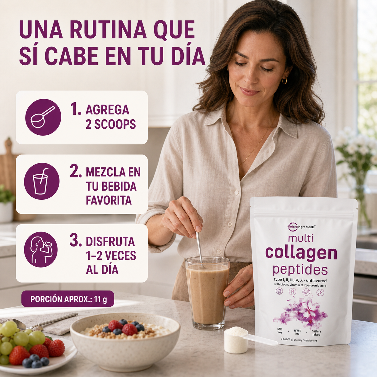 Modo de uso de Multi Collagen Peptides con dos scoops