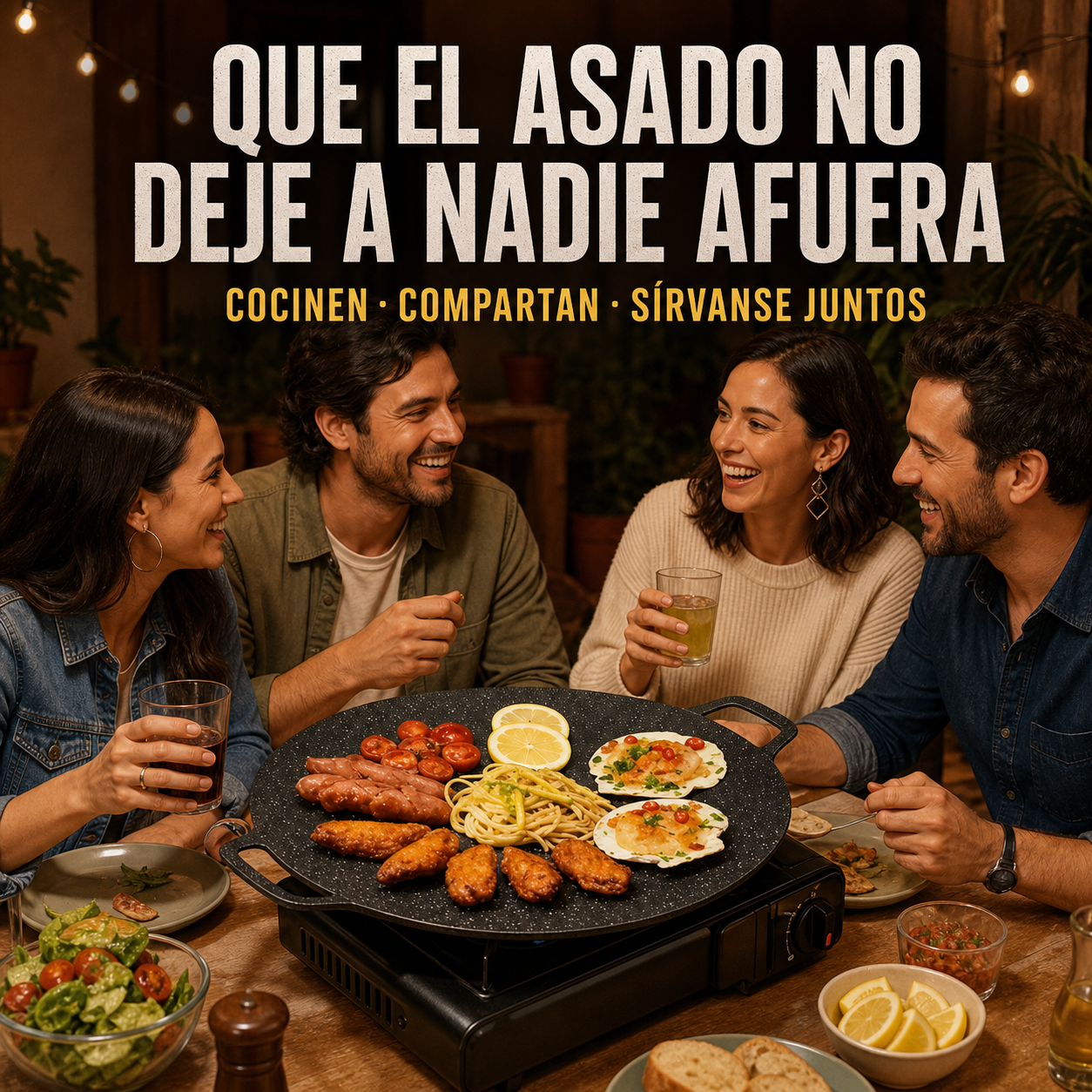 Asado compartido con la plancha coreana al centro de la mesa