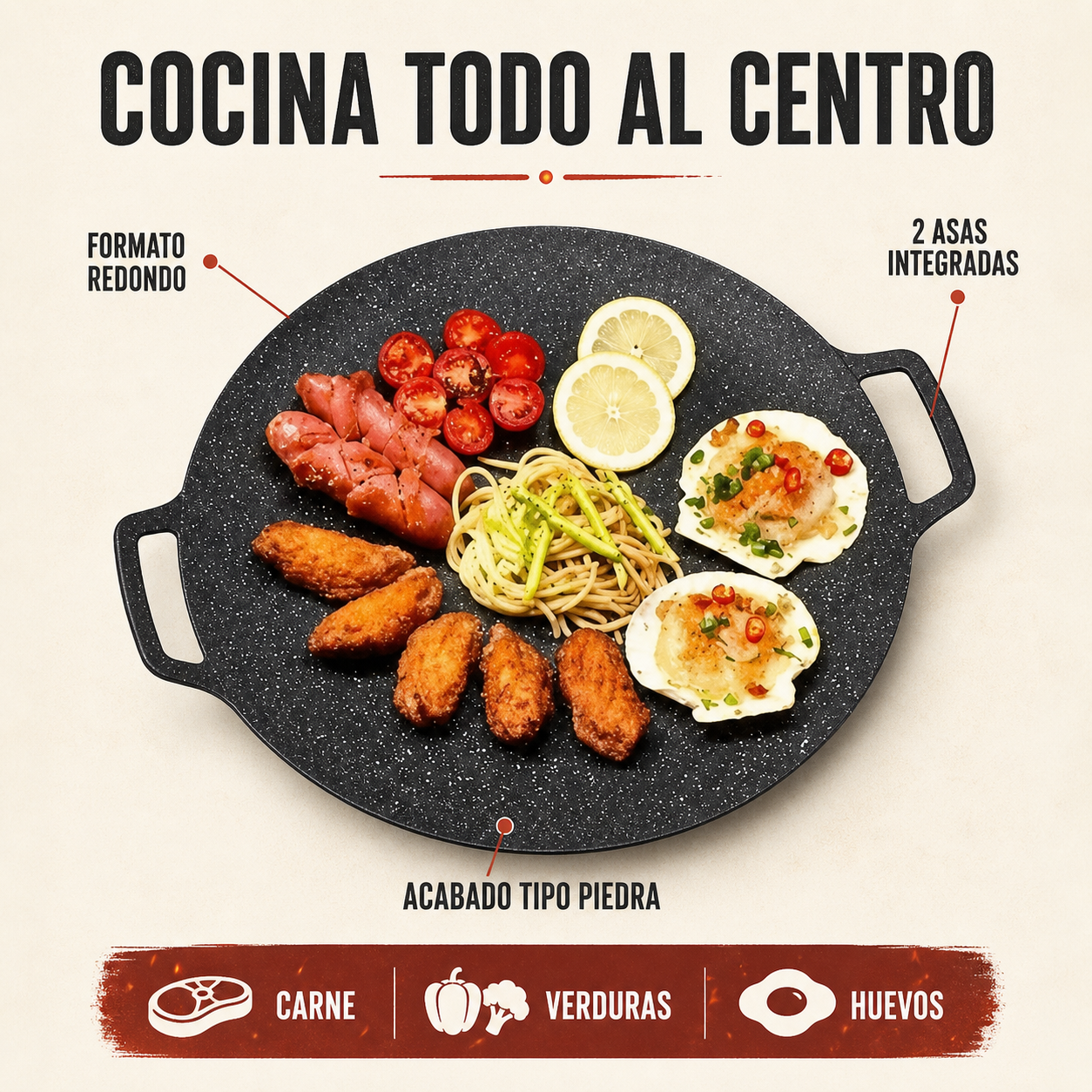Características visibles de la plancha coreana: formato redondo, dos asas y acabado tipo piedra