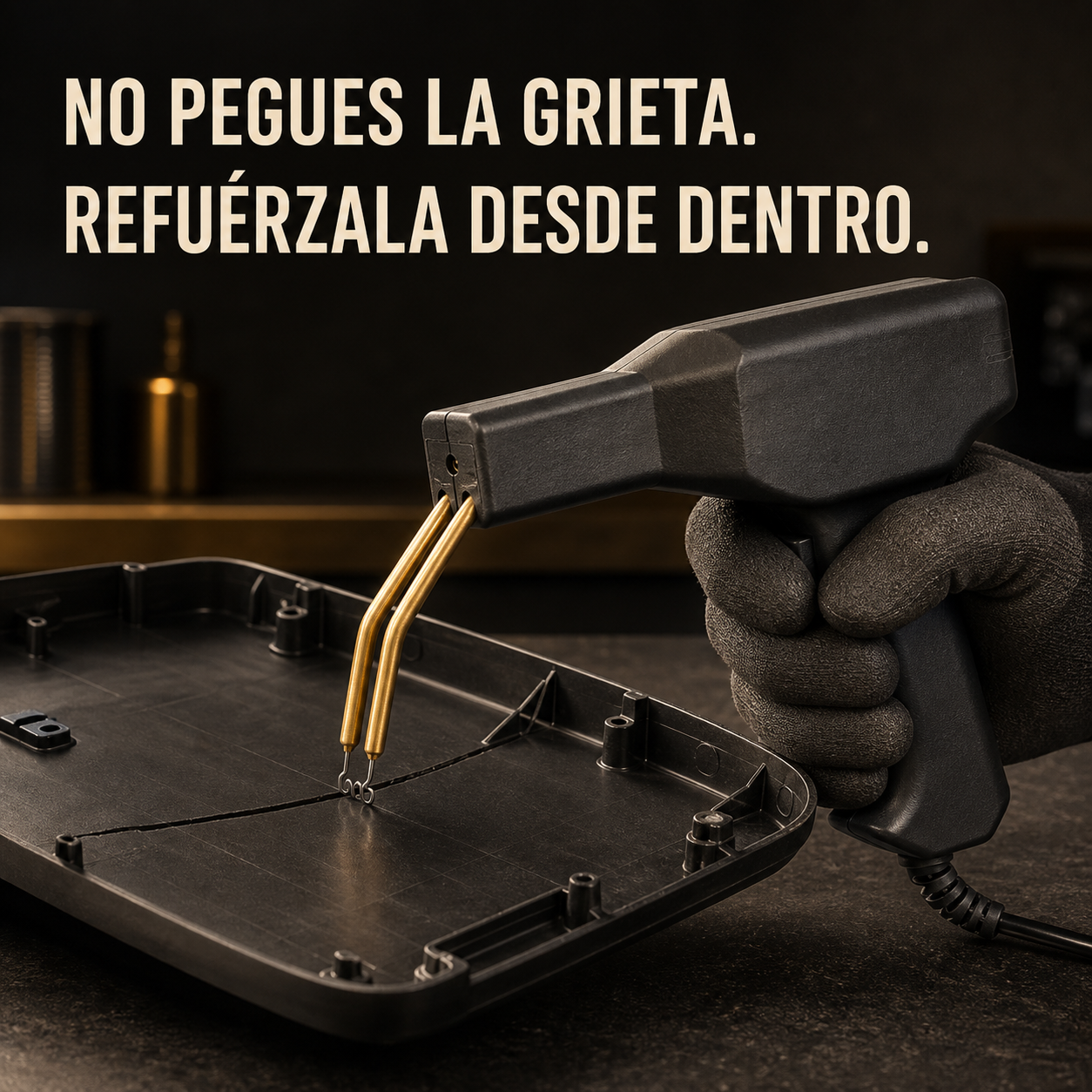 Grapadora térmica reforzando una grieta desde el interior del plástico