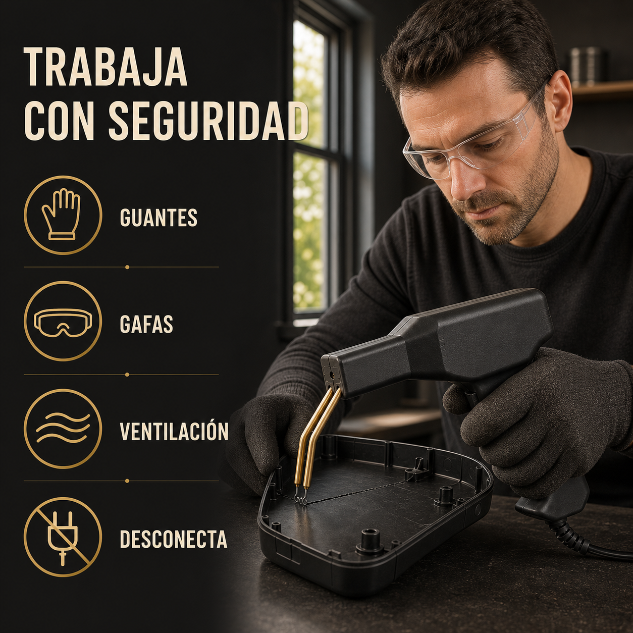 Uso seguro del reparador de plástico con guantes, gafas, ventilación y equipo desconectado