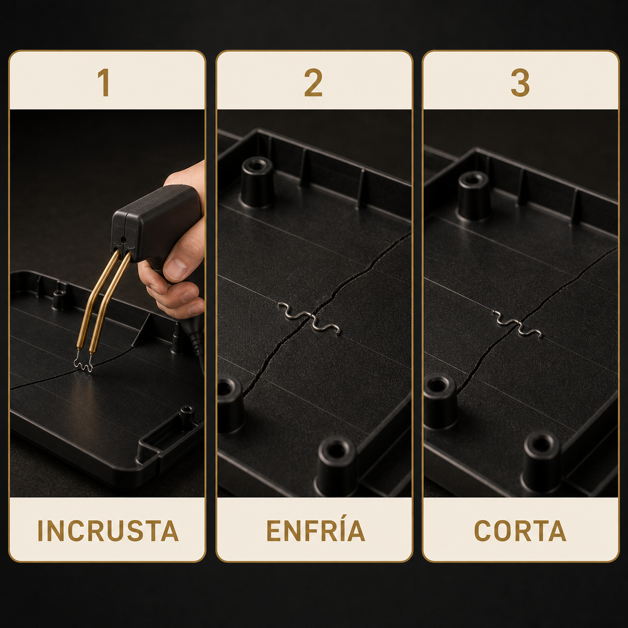 Tres pasos para reforzar plástico con grapa térmica: incrusta, enfría y corta
