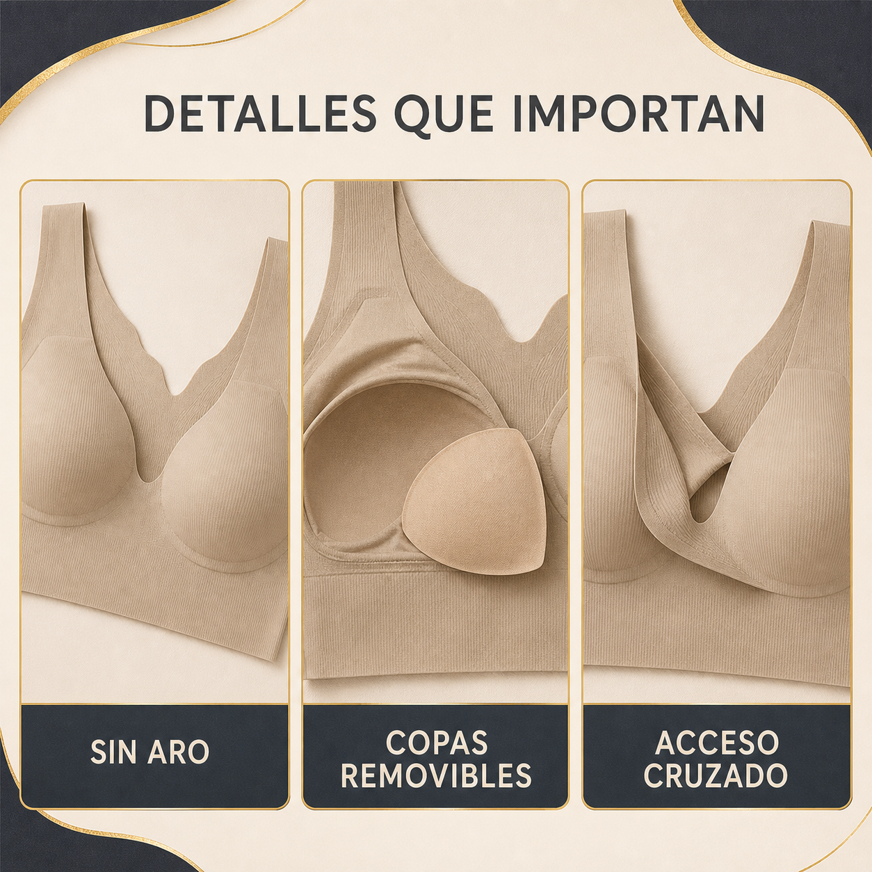 Detalles del sostén: sin aro, copas removibles y acceso cruzado