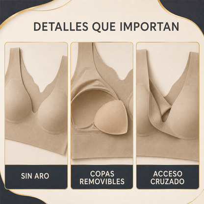 Detalles del sostén: sin aro, copas removibles y acceso cruzado