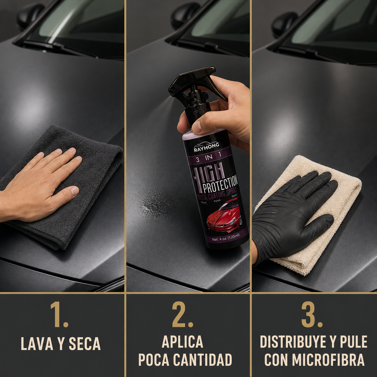 Aplicación del spray para auto: lava y seca, aplica poca cantidad y pule con microfibra