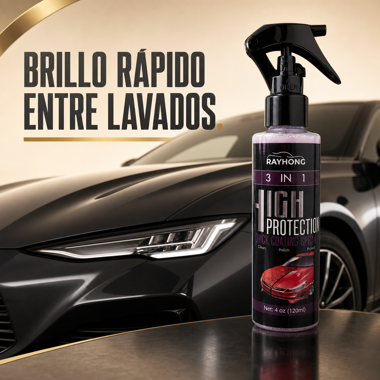 Spray de acabado 3 en 1 Rayhong de 120 ml junto a un automóvil brillante