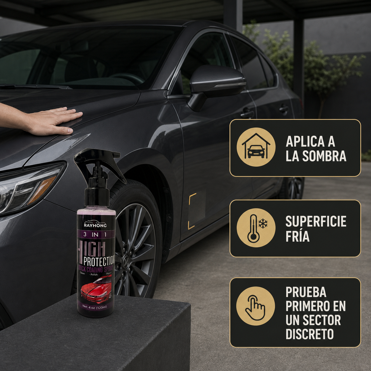 Uso del spray a la sombra, sobre superficie fría y con prueba en un sector discreto
