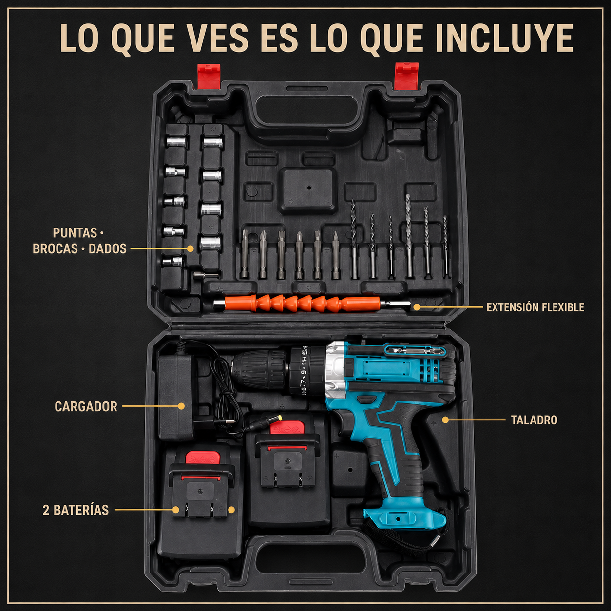 Contenido del kit de taladro: herramienta, dos baterías, cargador, brocas, puntas, dados y extensión