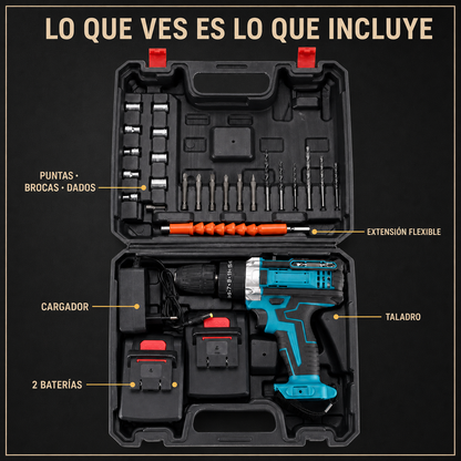 Contenido del kit de taladro: herramienta, dos baterías, cargador, brocas, puntas, dados y extensión