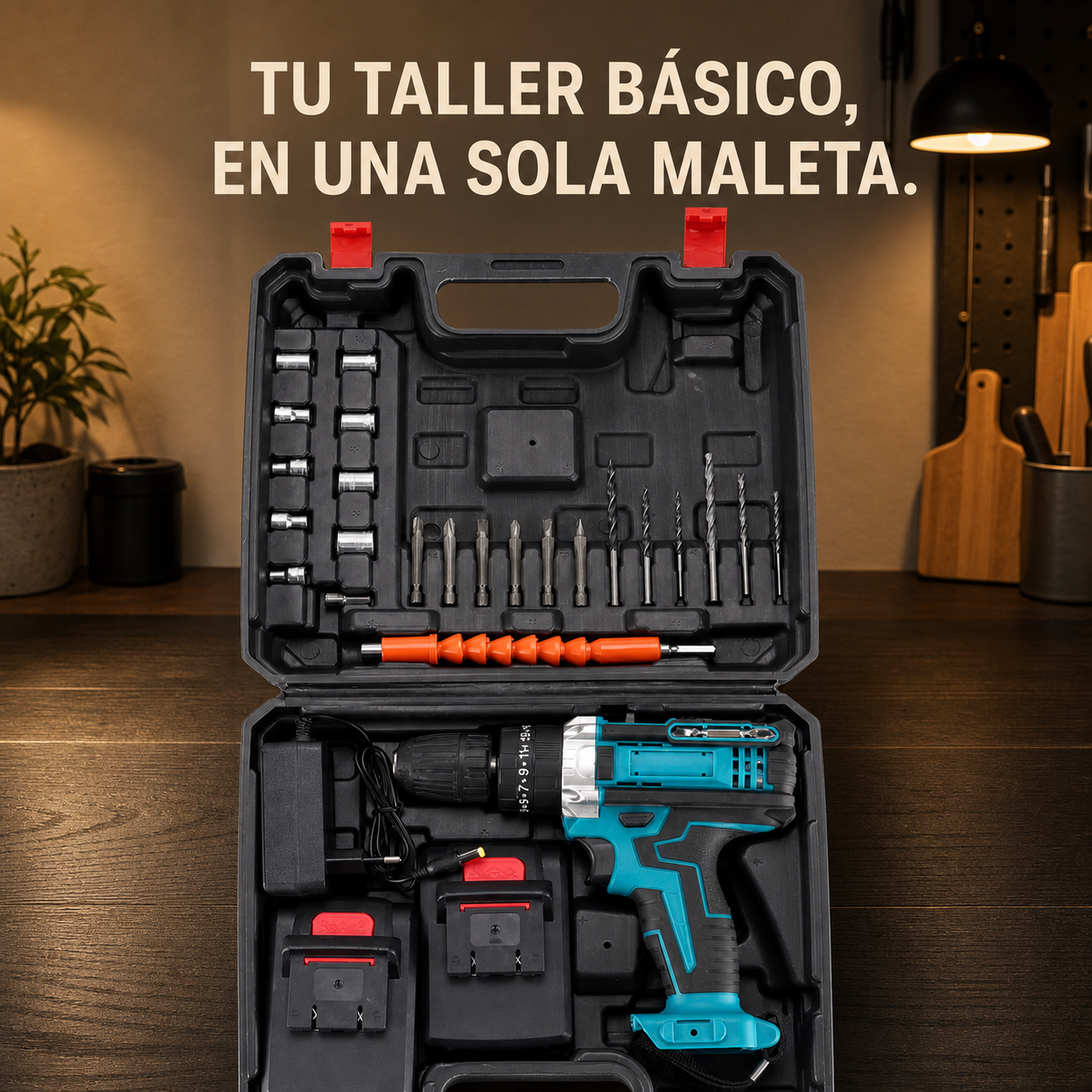 Kit de taladro inalámbrico con dos baterías y accesorios en su maleta