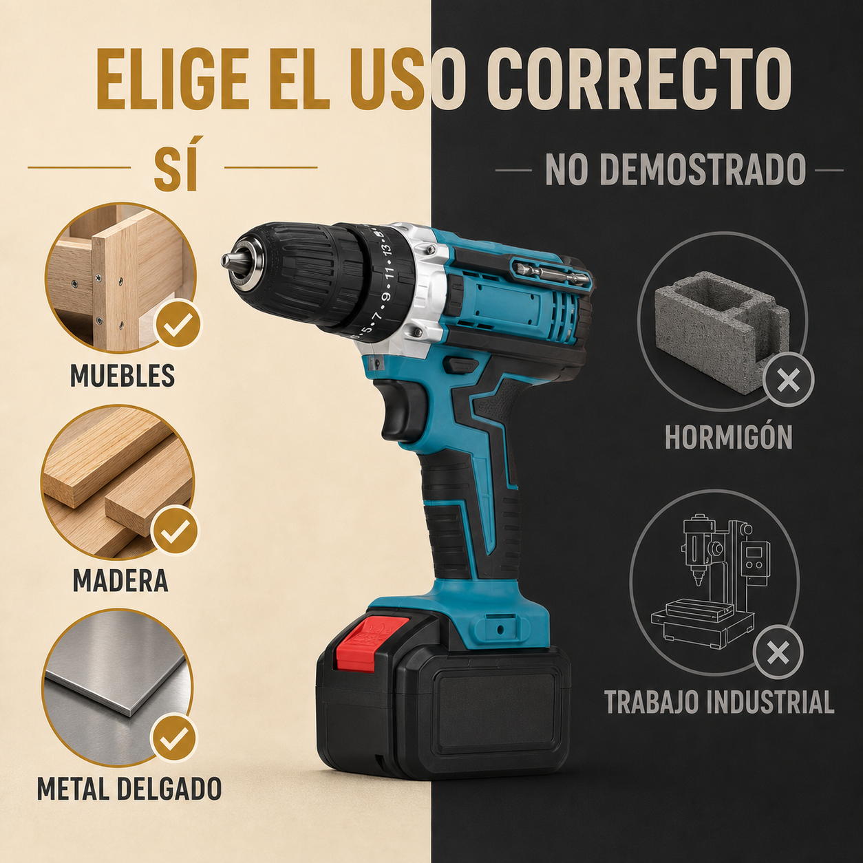 Usos del taladro en muebles, madera y metal delgado; hormigón y trabajo industrial no demostrados